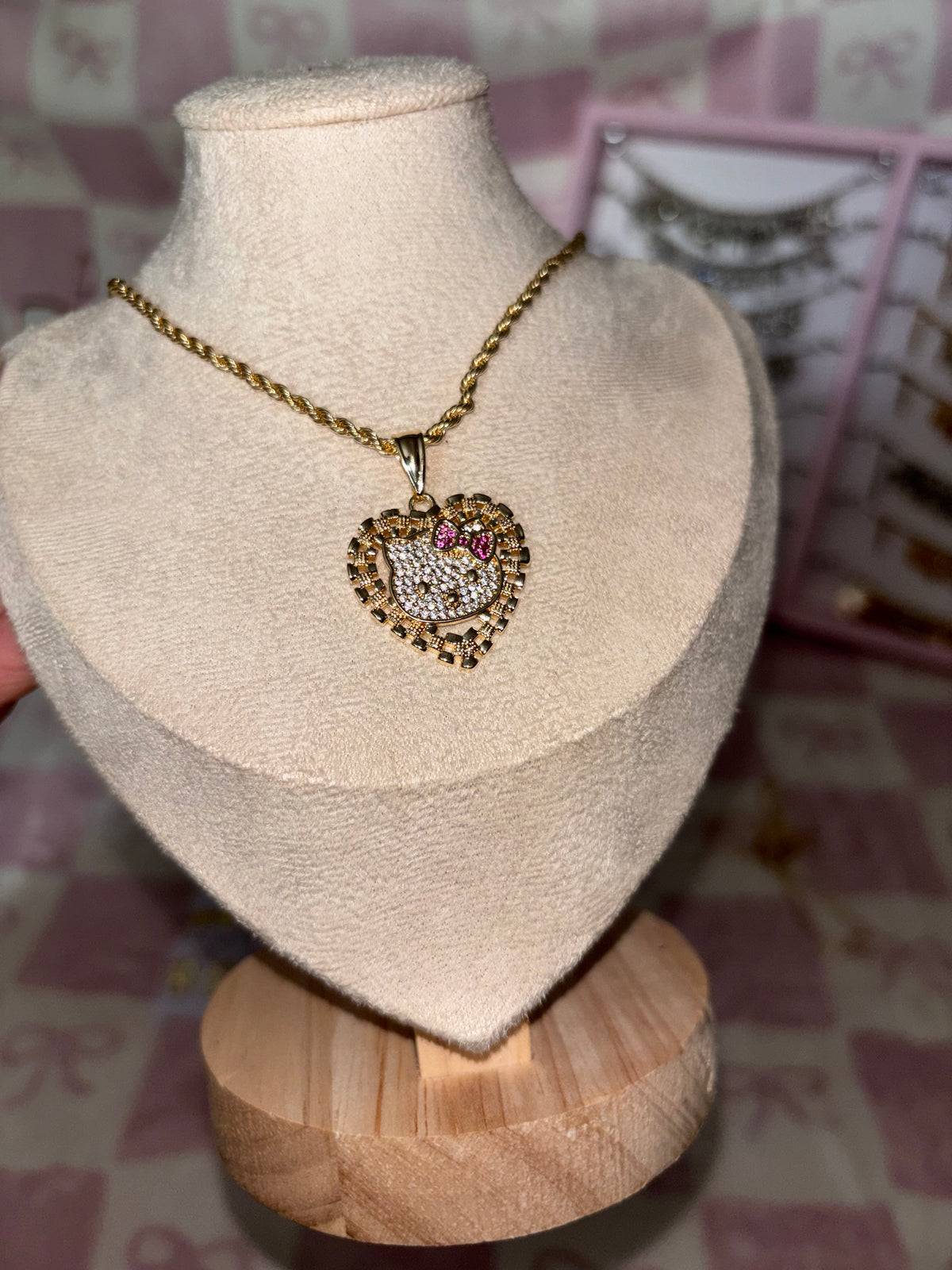 Gold plated pink bow hello kitty heart necklace