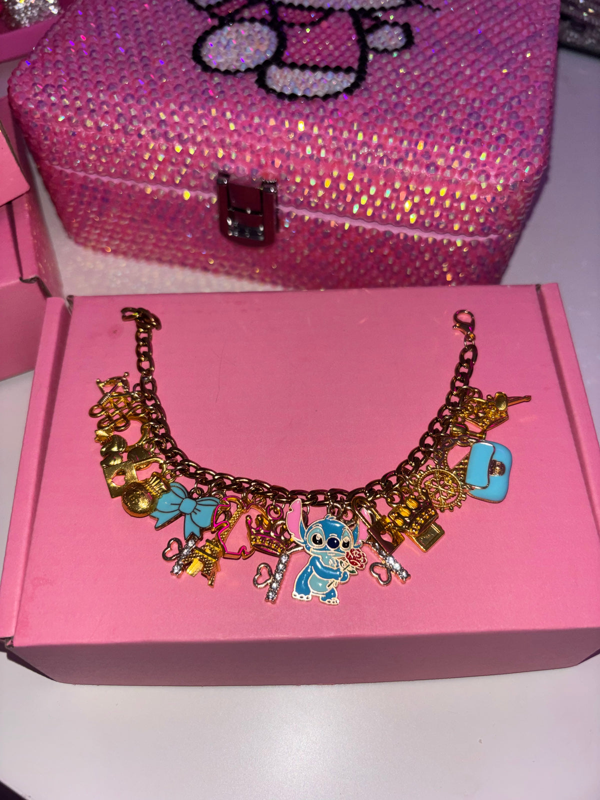 Gold & blue STITCH charm bracelet