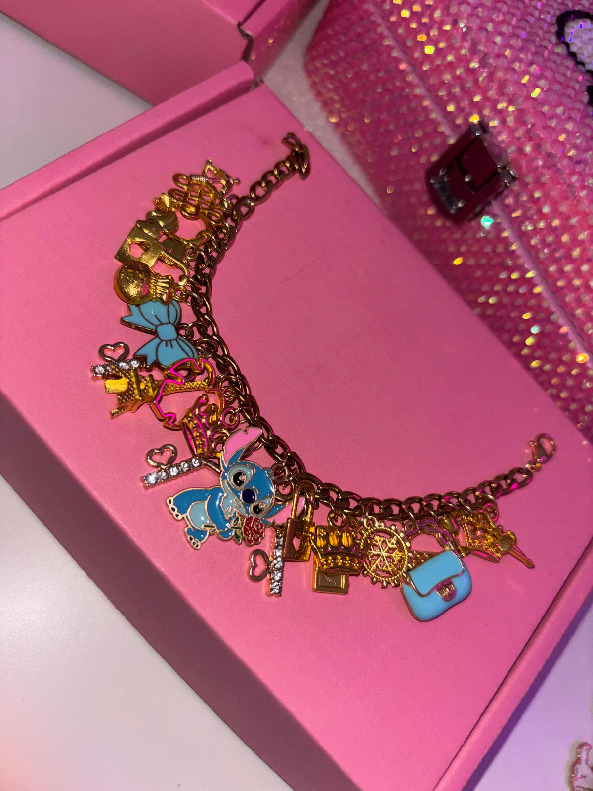 Gold & blue STITCH charm bracelet