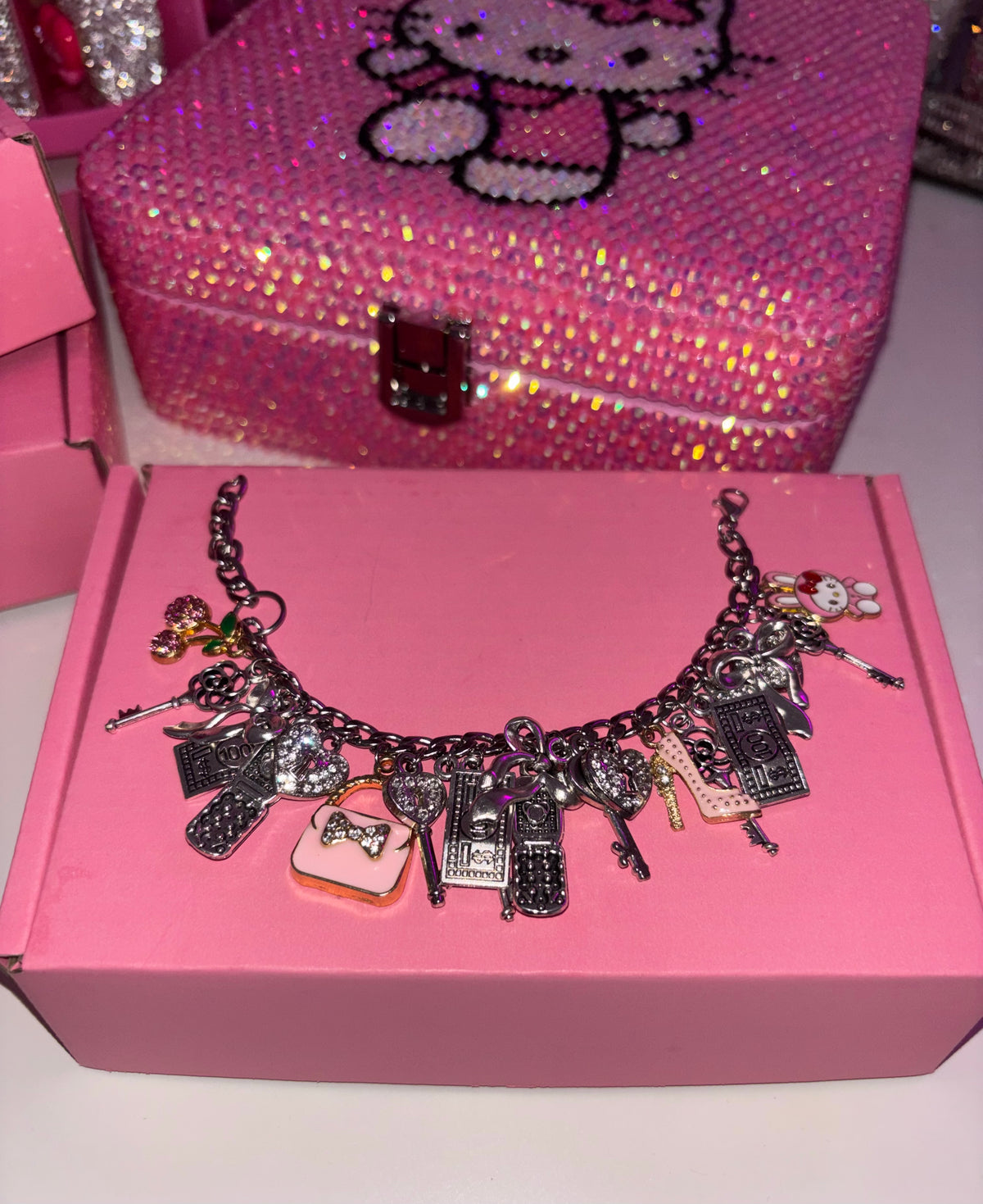 Silver & pink girly charm bracelet