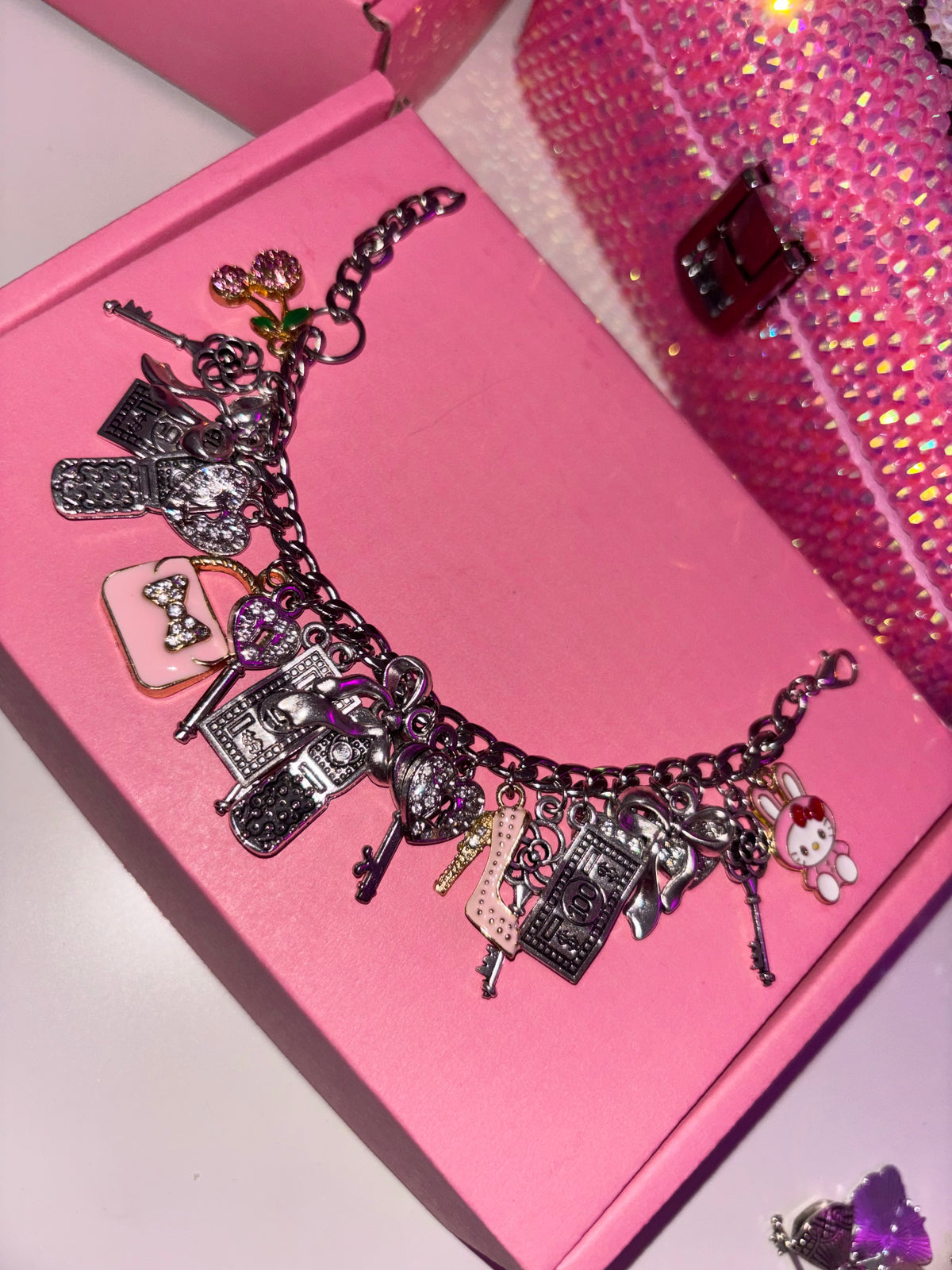 Silver & pink girly charm bracelet