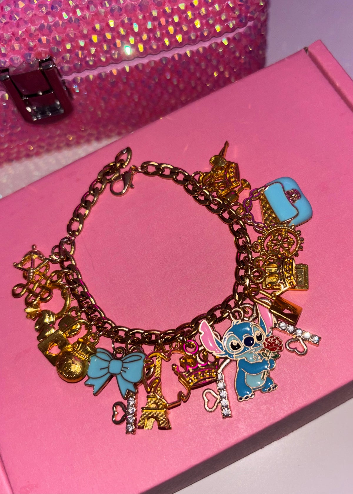 Gold & blue STITCH charm bracelet