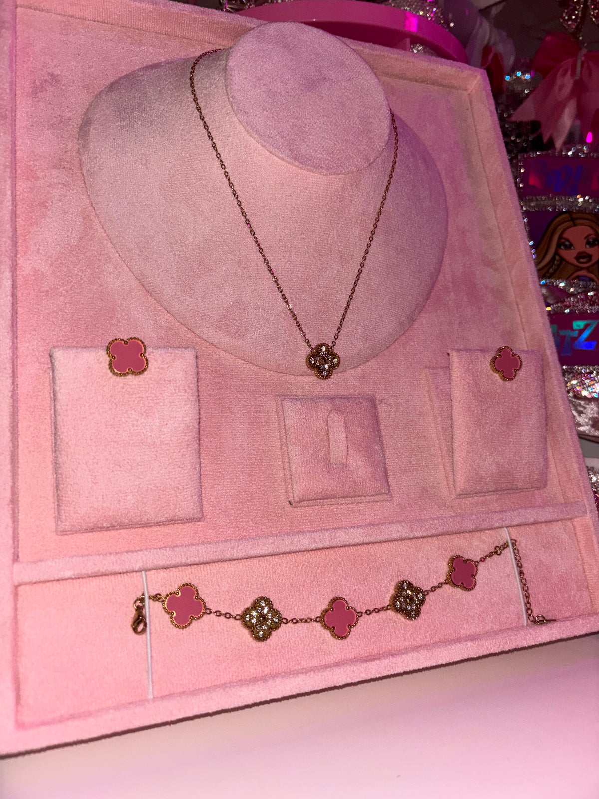 Pink & gold Diamond necklace, earrings AND bracelet full set