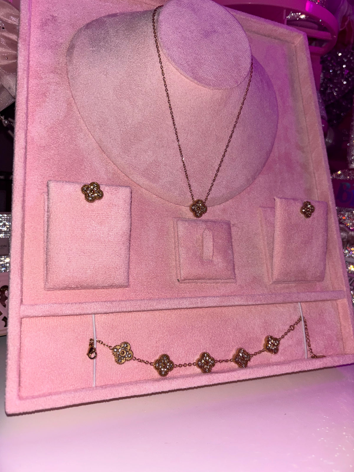 Diamond clover GOLD necklace earrings & bracelet FULL SET