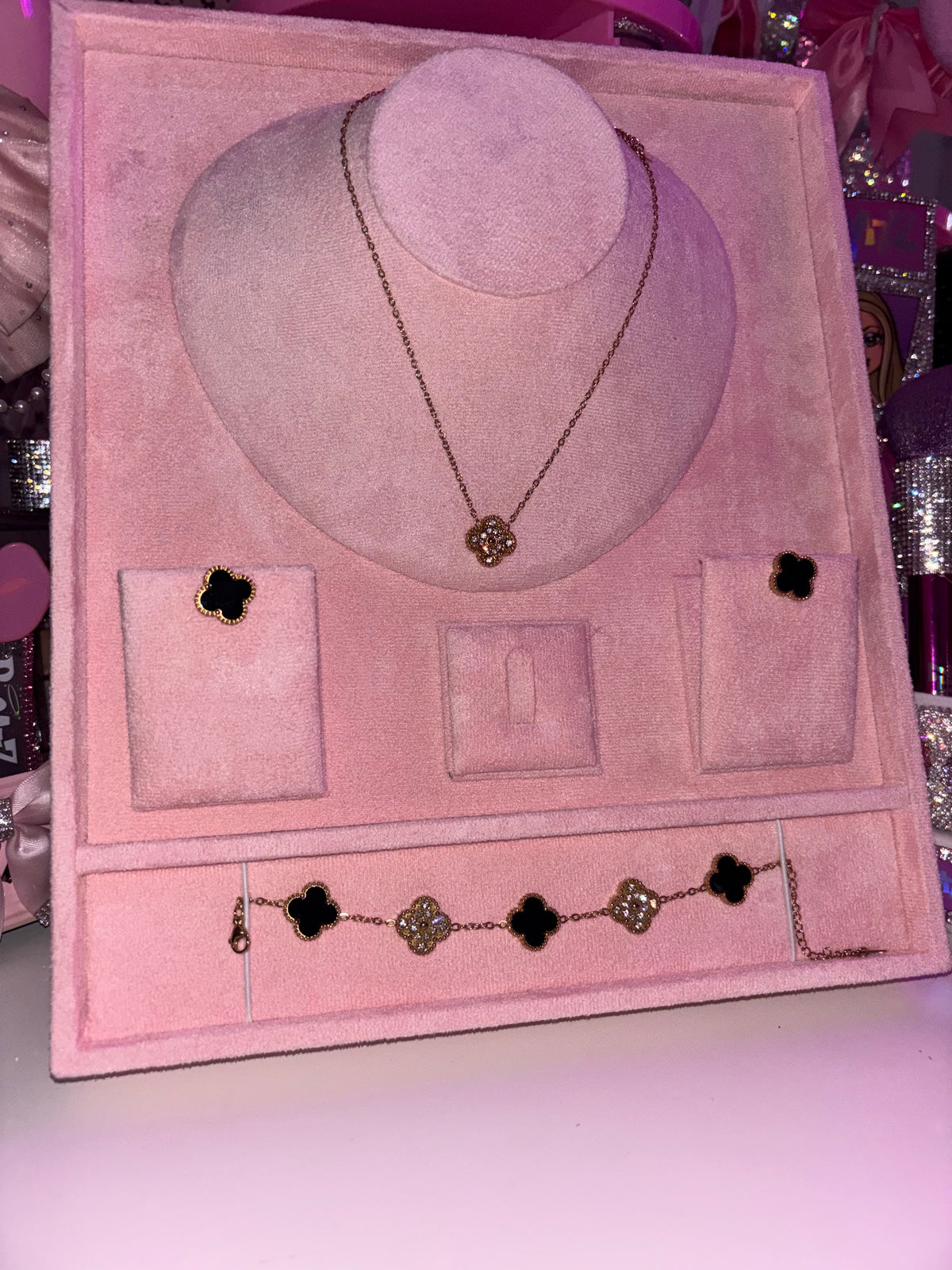 Black & Gold DIAMOND flower necklace, earrings AND bracelet set!
