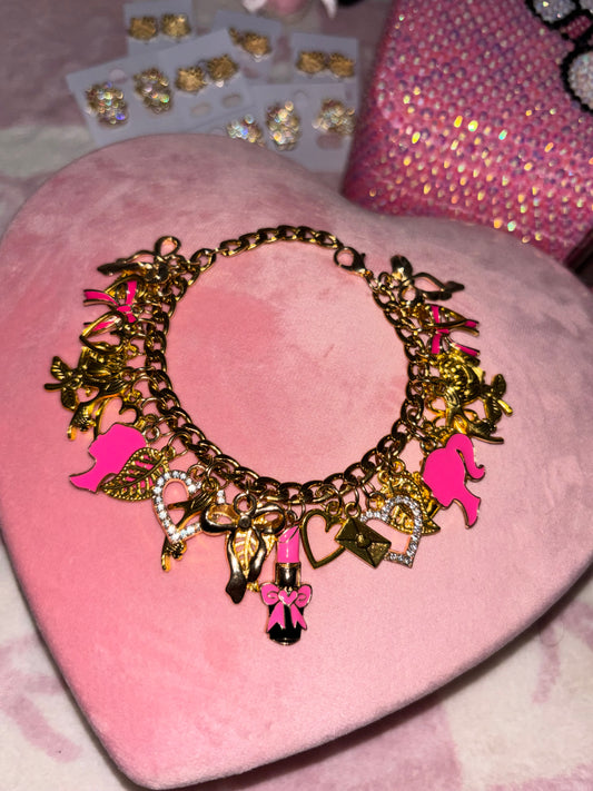 Gold & hot pink BARBIE charm bracelet