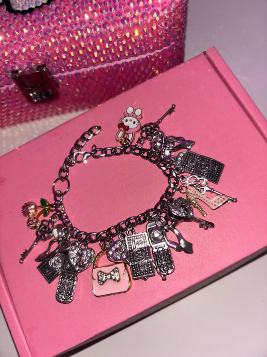 Silver & pink girly charm bracelet