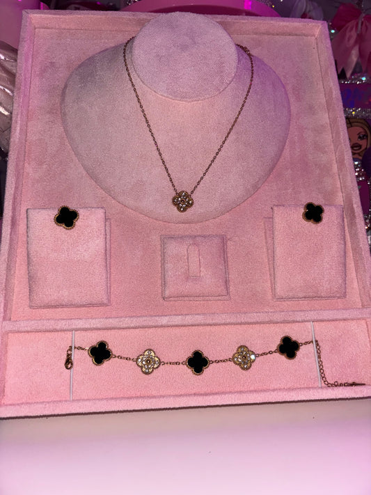 Black & Gold DIAMOND flower necklace, earrings AND bracelet set!