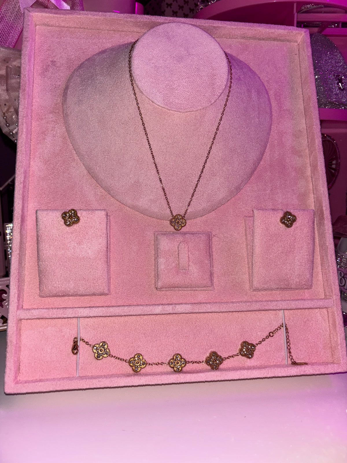 Diamond clover GOLD necklace earrings & bracelet FULL SET
