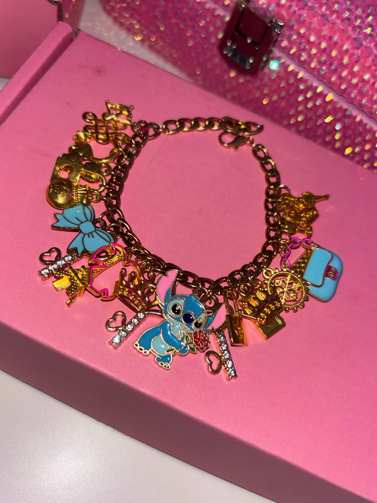 Gold & blue STITCH charm bracelet